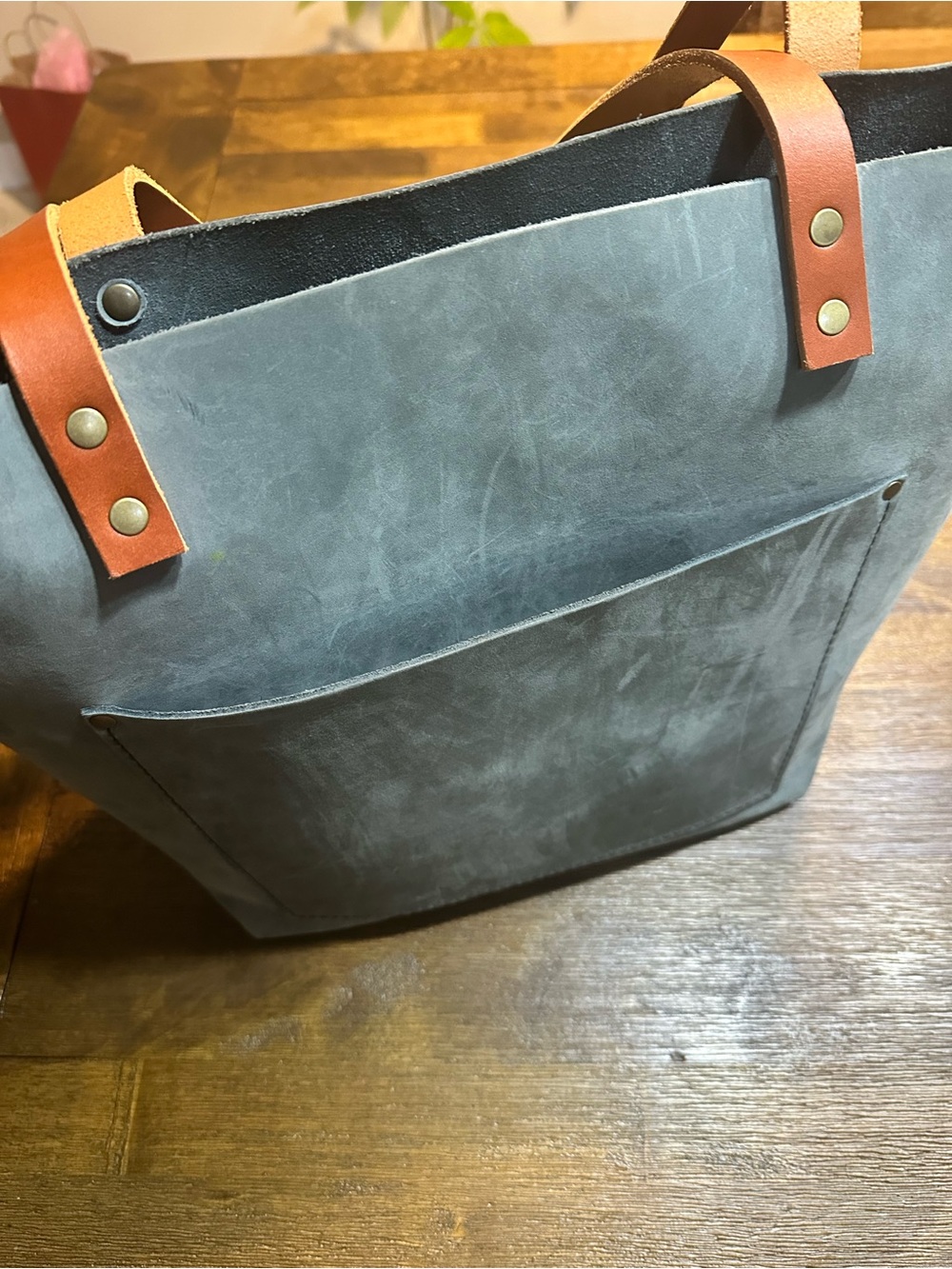 Portland Leather Gray Tote with Brown Leather Straps - Picture 8 of 8